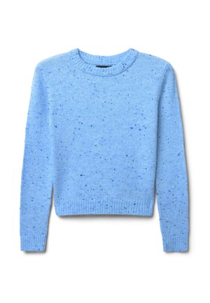 Hellblauer Wollpullover mit Rundhalsausschnitt, langen Ärmeln und geripptem Saum. Verfügt über eine gesprenkelte Textur mit dunkleren blauen und schwarzen Sprenkeln.
