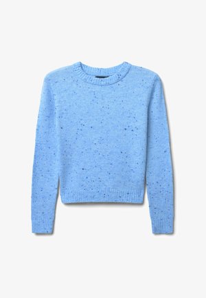 Hellblauer Wollpullover mit Rundhalsausschnitt, langen Ärmeln und geripptem Saum. Verfügt über eine gesprenkelte Textur mit dunkleren blauen und schwarzen Sprenkeln.