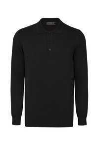 Polo shirt nero a maniche lunghe realizzato in tessuto a maglia, con una patta a tre bottoni e colletto e polsini a costine. Design semplice e uniforme.