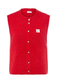 Rotes ärmelloses Strickjacke aus weichem, strukturiertem Material. Verfügt über einen runden Ausschnitt, Knöpfe auf der Vorderseite und ein grünes Markenlabel.