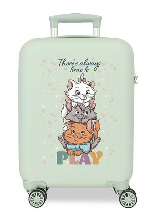 Maleta verde claro con tres pilas de gatitos juguetones y el texto "Siempre hay tiempo para jugar" en colores pastel mezclados.