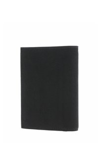 Black leather wallet with a soft texture, bi-fold design, and minimal stitching. Simple and sleek rectangular shape.