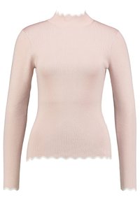 Světlounce růžový žebrovaný svetr s dlouhými rukávy, vlnkovaným výstřihem a lemem. Vyrobený z měkkého materiálu, se přiléhavým střihem.