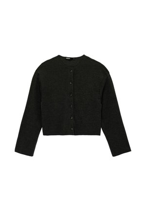 Zwarte cropped cardigan met lange mouwen en zes knopen aan de voorkant, ronde hals, plat uitgestald op een witte achtergrond.