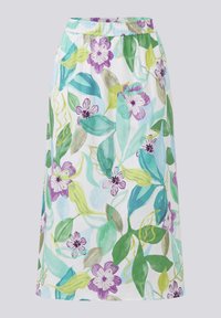 Floral skirt with a white background, featuring a vibrant pattern of green leaves and purple flowers. Elastic waistband for comfort.