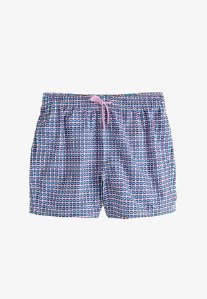 Uimalähelmät, joissa sininen, vaaleanpunainen ja valkoinen geometrinen kuvio, kuminauhavyötärö kiristysnyörillä, kevyt kangas, rento istuvuus.