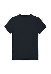 Korte mouwen, ronde hals t-shirt, van donkerblauwe katoen. Gladde textuur met een nette afwerking en zonder extra ontwerp of accenten.
