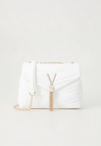 White quilted handbag with a gold chain strap, featuring a V-shaped clasp and a decorative gold chain tassel detail.