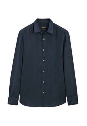 Dark blue long-sleeve shirt made of textured fabric, featuring a pointed collar, button-front closure, and button cuffs.
