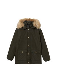 Parka verde oliva con cappuccio in pelliccia sintetica removibile, chiusura con bottoni, due grandi tasche frontali e vestibilità comoda. Tessuto morbido con finitura liscia.