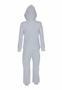 Grijze hoodie onesie met lange mouwen, elastische boorden en een relaxte pasvorm. Gemaakt van zachte stof met een gladde textuur.