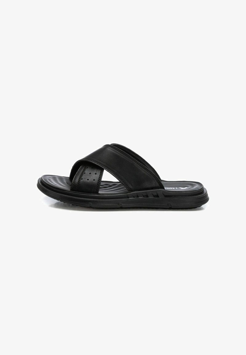 Chanclas negras con una parte superior de cuero suave y tiras cruzadas, una plantilla texturizada y una suela de goma flexible.