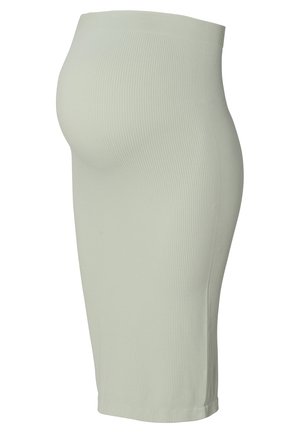 Lichtgroene geribbelde zwangerschapsrok met een hoge tailleband en een aansluitend ontwerp. Glad textuur met een knielange snit.