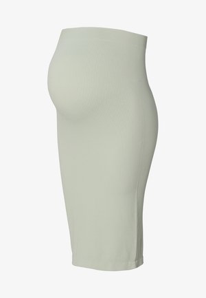 Hellgrüner, gerippter Umstandsmode-Rock mit hohem Taillenbund und figurbetontem Design. Glatte Textur mit knielangem Schnitt.