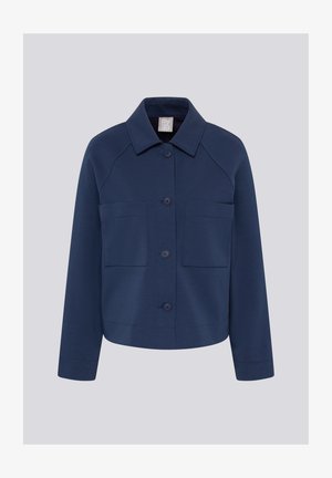 Navy blue button-up jacket with long sleeves, two chest pockets, a wide collar, and a straight hem against a light background.