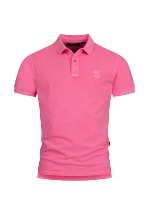 Cămașă polo roz din bumbac, cu guler, clapetă cu două nasturi și un mic logo pe piept. Mâneci scurte cu o margine dreaptă.