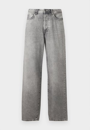 Grå vida jeans gjorda av denim. Har hög midja, fem fickor och stängning med knapp och dragkedja. Subtil blekning över tyget.