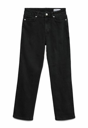 Jeans neri a gamba dritta con cinque tasche, chiusura a bottone e passanti per cintura, poggiati su uno sfondo bianco.