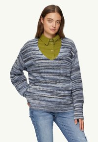 Blauw en grijs gestreepte trui met v-hals, van een gehaakte stof, gecombineerd met een groene overhemd met kraag eronder.
