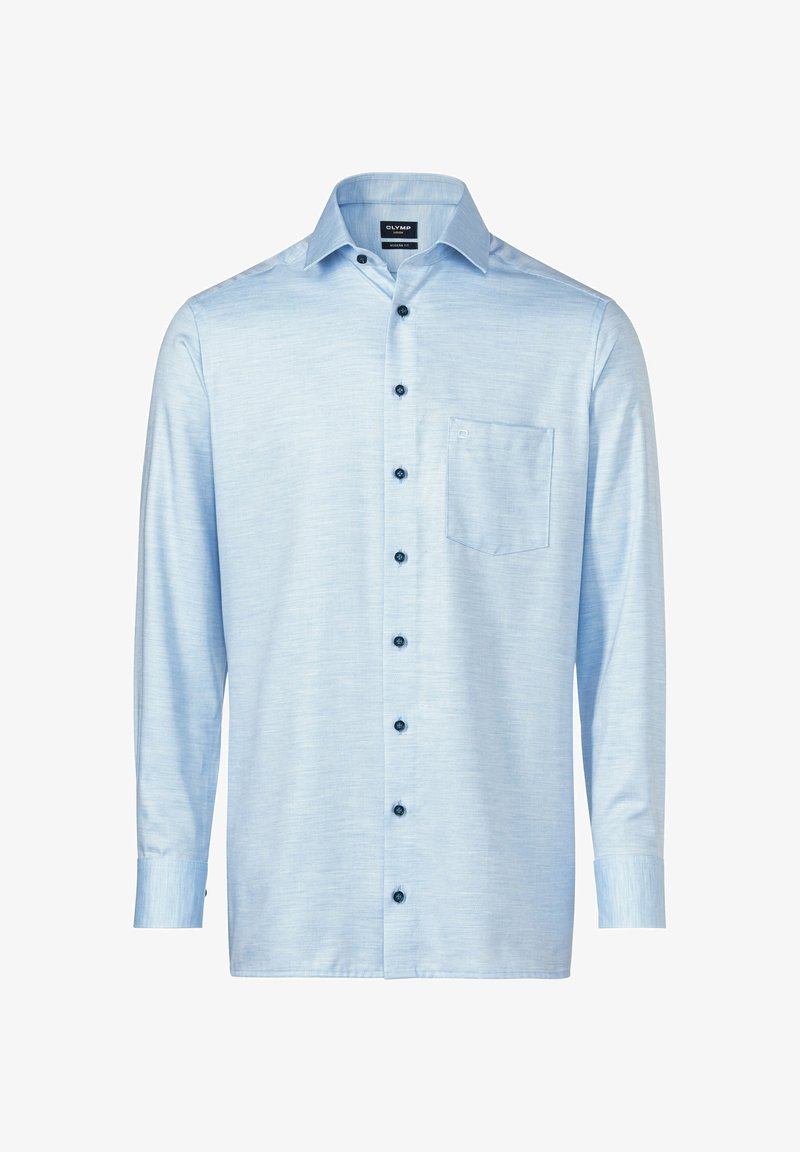 Himmelblaues Langarmhemd mit Button-Down-Kragen, Brusttasche und dunkelblauen Knöpfen, mit einem strukturierten Stoffdesign.