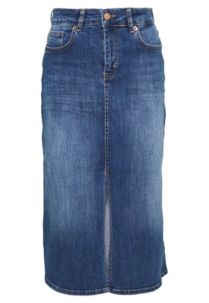 Niebieska spódnica midi z denimu z przednim rozcięciem, zapięciem na guziki, szlufkami na pasek oraz przednimi kieszeniami.