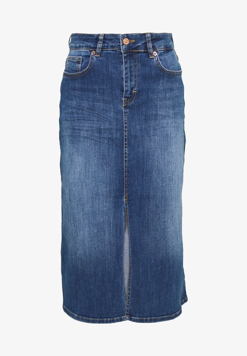 Jupe midi en denim bleu avec fente avant, fermeture à boutons, passants de ceinture et poches avant.