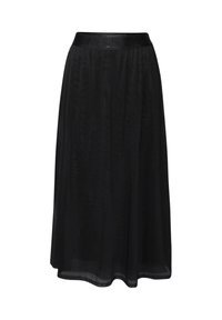 Mustat midi-hame, valmistettu läpikuultavasta kankaasta, jossa on joustava vyötärönauha ja hillityt kirjainyksityiskohdat. Helppo laskeutuva malli ja sileä pinta.