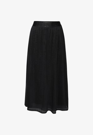 Gonna midi nera realizzata in tessuto trasparente con una fascia elastica in vita che presenta lettere sottili. Design fluido con una texture liscia.