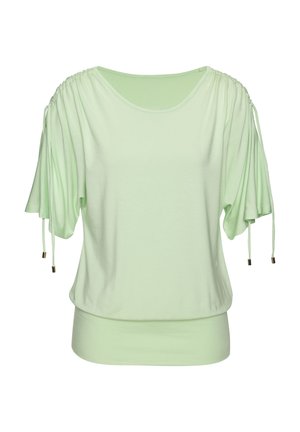 Light green short-sleeve top with gathered fabric detailing on shoulders. Features drawstrings with gold accents and a relaxed fit. Soft material.