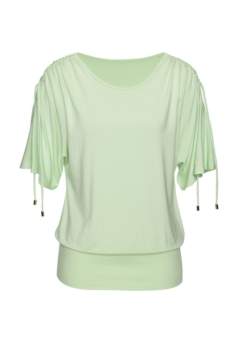 Helles grünes kurzärmliges Oberteil mit gerüschtem Stoffdetails an den Schultern. Verfügt über Kordelzüge mit goldenen Akzenten und einen lockeren Schnitt. Weiches Material.