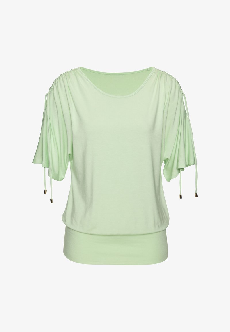 Top corto de manga corta en verde claro con detalles de tela recogida en los hombros. Presenta cordones con acentos dorados y un corte relajado. Material suave.
