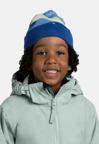 Blue knitted hat with a multi-colored striped pattern and a pom-pom on top, worn with a light gray hooded jacket featuring a zipper.