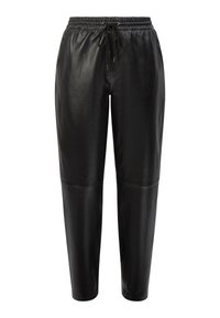 Svarta läderjoggers med elastisk midja, justerbar dragsko och åtsittande muddar; slät textur och minimala sömmar.