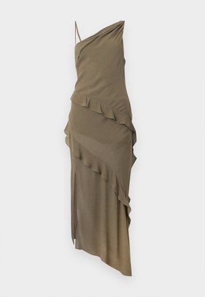 Olive green asymmetrical dress made from soft fabric, featuring ruffled accents and a single shoulder strap, with a flowing silhouette.