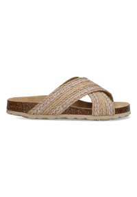 Flätade beige sandaler med korskorsade remmar, försedd med metalltrådar. Korksål med texturerad beige undersida och ett lätt slitbanemönster.