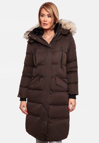 Brown padded winter coat with a faux fur-lined hood, front zippers, large pockets, ribbed cuffs, and a knee-length design.