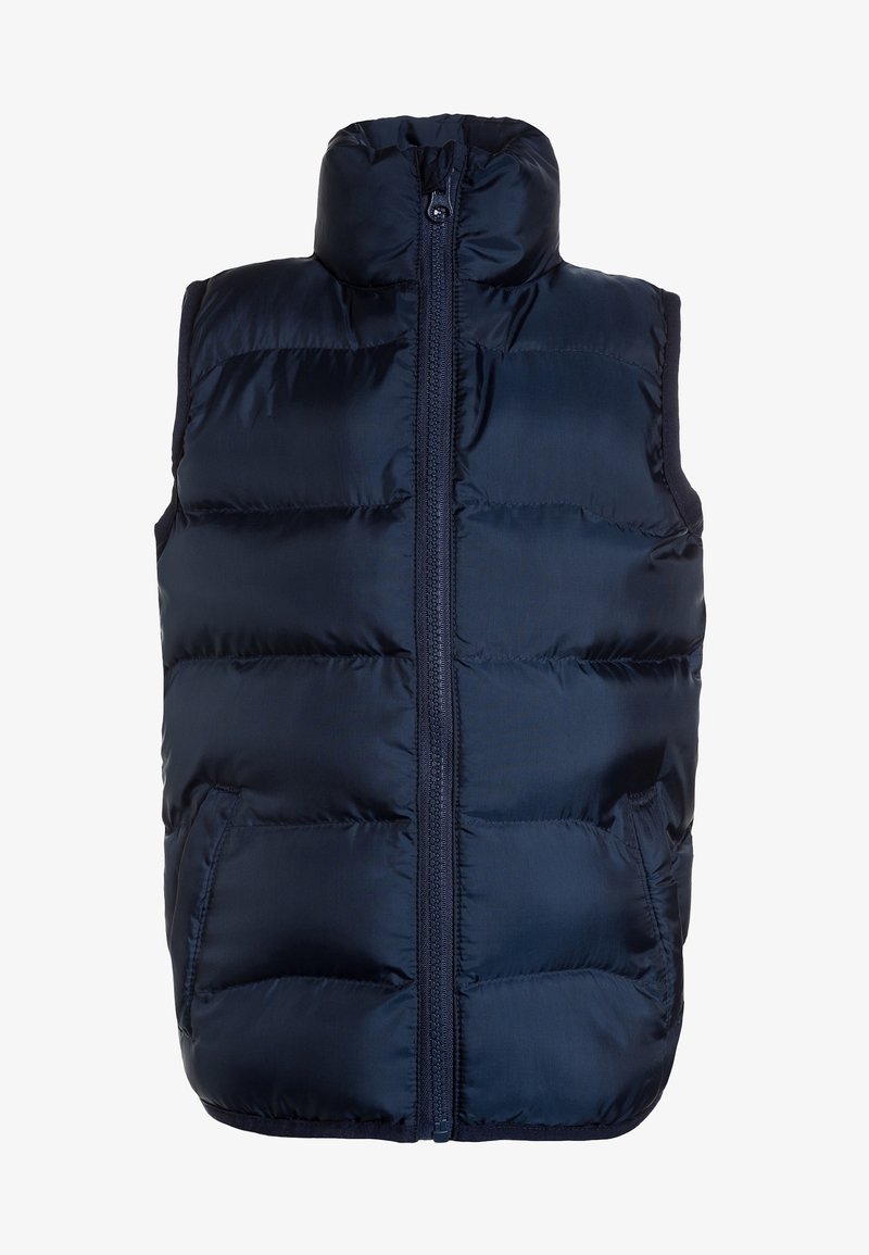 Tmavě modrá péřová vesta s vysokým límcem, zipovým zapínáním a dvěma předními kapsami. Vyrobena z hladké prošívané látky s lehkým provedením.