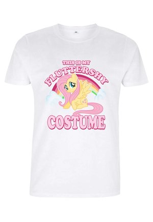 White cotton t-shirt featuring a cartoon character with pink hair and yellow wings. Text reads "This is my Fluttershy costume" in pink.