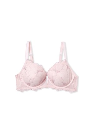 Soutien-gorge rose pâle avec broderie en dentelle florale, bonnets rembourrés, design festonné, bretelles réglables et fermeture à crochets.