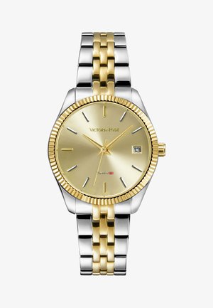 Gold- und silberfarbene Edelstahl-Armbanduhr mit einem runden, strukturierten Goldzifferblatt, goldenen Akzenten, Datumsanzeige und einem zweifarbigen Gliederarmband.
