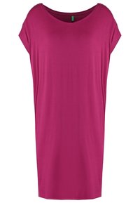 Fuchsia oversized t-shirt dress with short sleeves, round neckline, and smooth, lightweight fabric. No visible patterns or hardware.