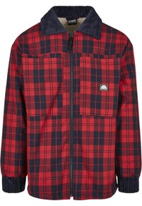 Rot-schwarz karierter Flanelljacke mit einem Cordkragen, Reißverschluss und zwei Fronttaschen. Besitzt elastische Bündchen und einen lässigen Schnitt.