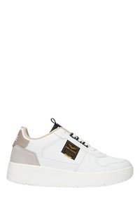 Baskets blanches avec des accents beiges, en cuir et mat�ériaux synthétiques, bout rond, design à lacets, col rembourré, et une pièce logo sur le côté.