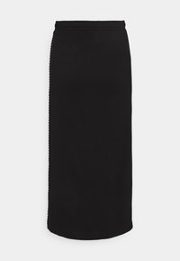 Černá sukně ke kolenům z měkké látky, s elastickým pasem a jednoduchým, rovný střihem bez viditelných vzorů.