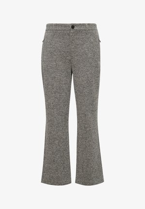 Herringbone patterned trousers in gray and black. Features flared legs, a button closure, and side pockets. Textured woven fabric.