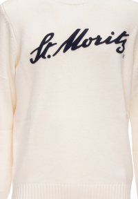 Maglione color crema realizzato in materiale morbido, con un logo ricamato nero "St. Moritz" sul petto e polsini a coste.