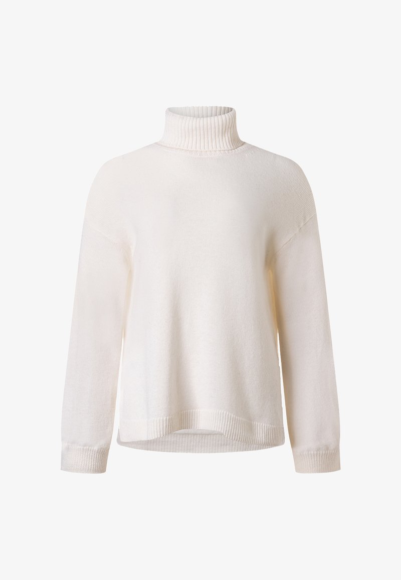 Maglione dolcevita bianco in tessuto morbido, con collo e polsini a coste, vestibilità comoda e orlo dritto.