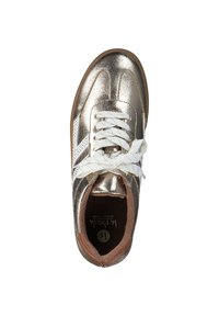 Metallic gold sneaker with white laces, textured synthetic upper, perforated detailing, and a brown padded collar for comfort.