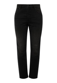 Jeans de mezclilla negra con un diseño de pierna recta, ligero desgaste y detalles desgastados. Cuenta con un cierre de botón y un estilo clásico de 5 bolsillos.