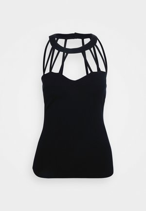 Black sleeveless top with a V-neck, featuring an intricate design of horizontal and vertical straps at the shoulders and neckline.